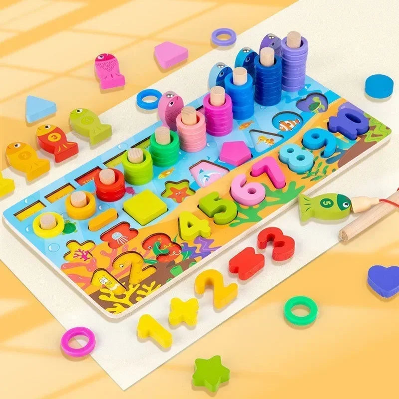 Montessori Toys Wooden Number Puzzle Sorting For Toddlers Shape Sorter Counting Fishing Game Educational Math Stacking Block