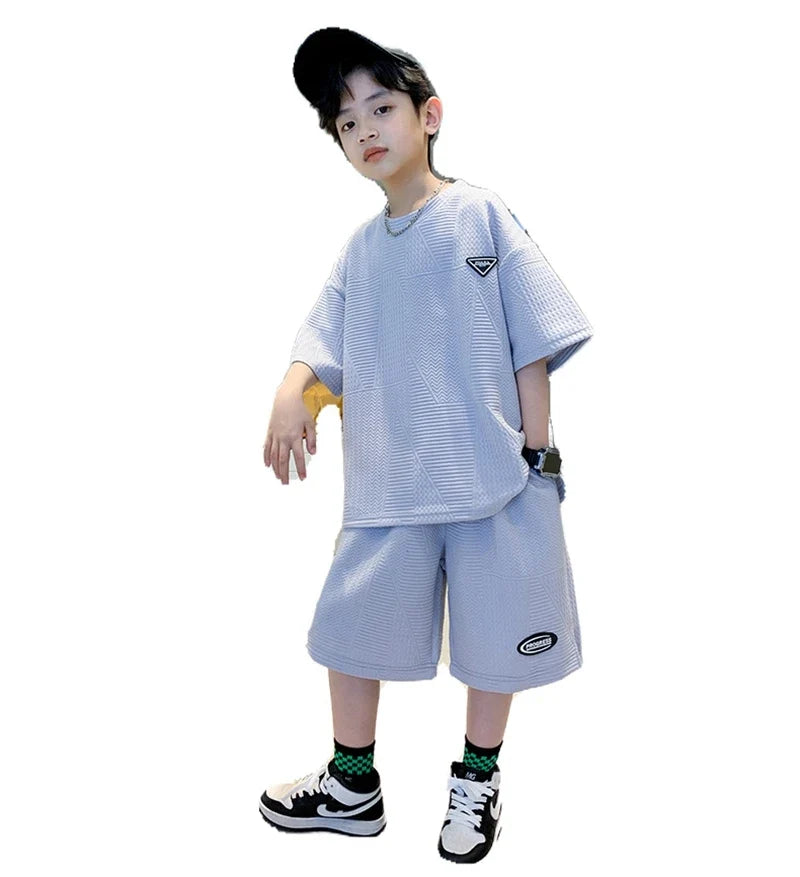 New Summer Boys Clothes Sets Teen Short Sweatshirt + Pants Children Clothing Solid Kids Boy Sport Suits 4 6 8 10 12 14 Years