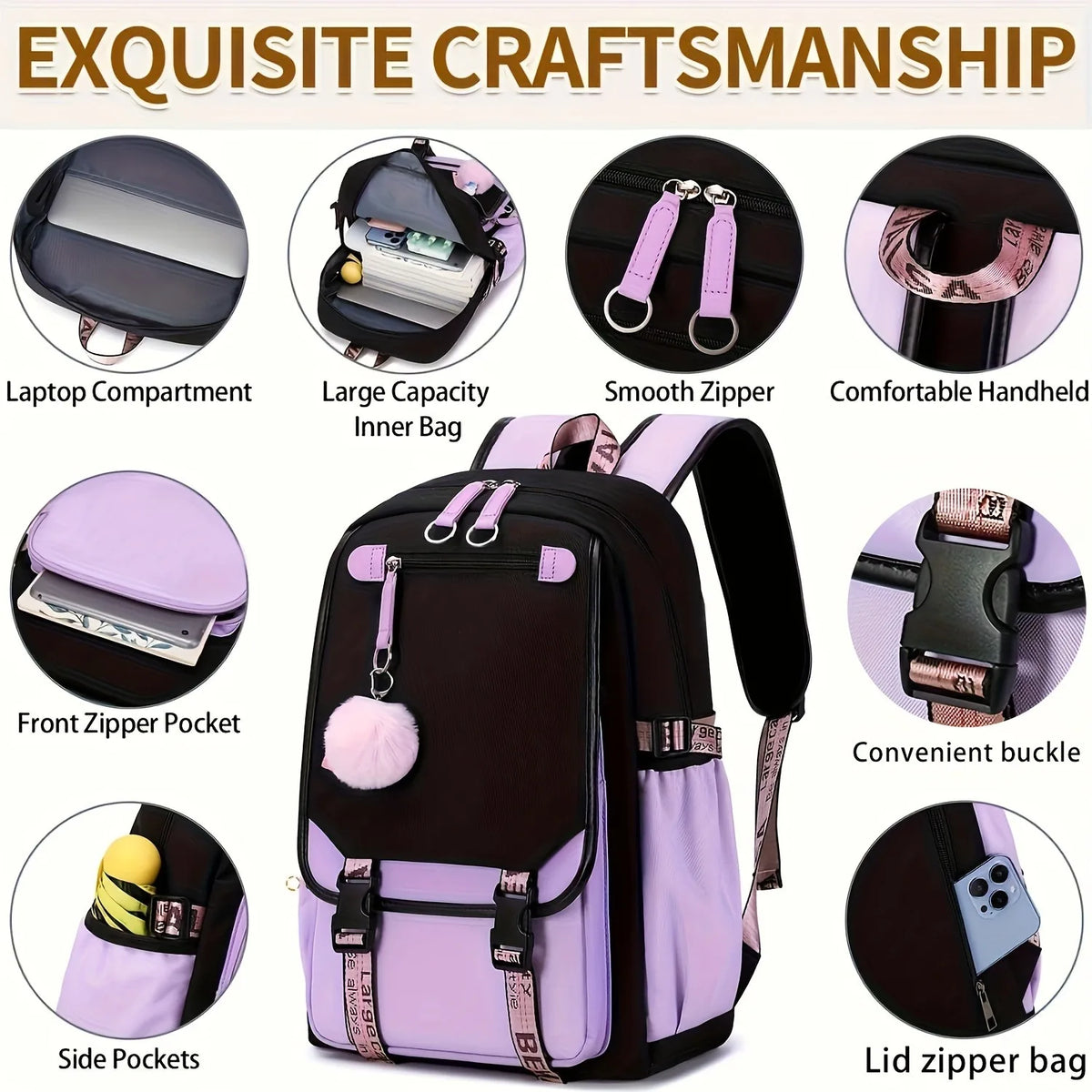 Kuromi Print Backpack, Student Daypack For Girl, Lightweight And Comfortable, Large Capacity Knapsack, Versatile Travel