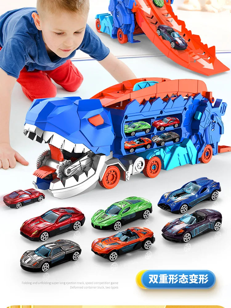 New Product Folding Dinosaur Transporter Car Competitive Game Roll To Eat Car Vehicle Racing Track With Mini Car Kid Gift Toy