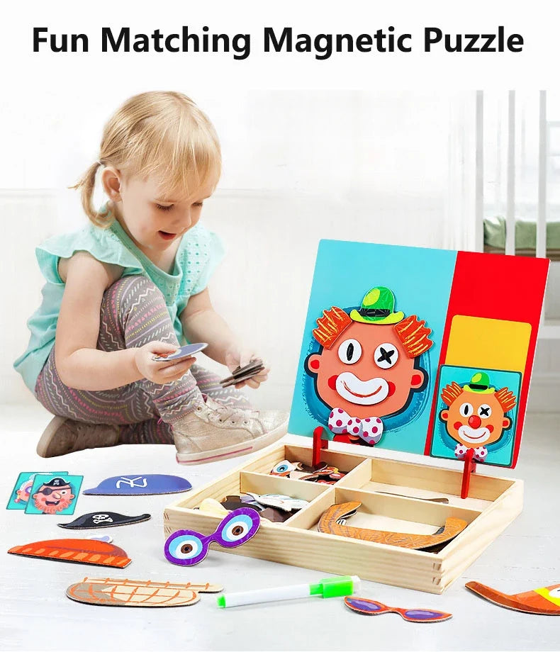 Magnetic 3D Puzzles for Kids Montessori Games Educational Toys for Children Blackboard Whiteboard Drawing Wooden Jigsaw Puzzle