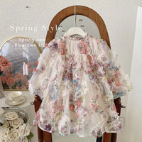 New Baby Girls floral print Fall Mesh Long Sleeve Dress Princess Kids Sweet Party Dresses