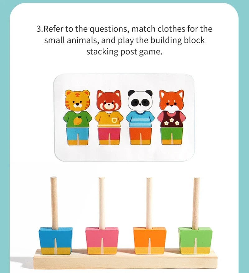 Wooden Children's Animal Changing Clothes Column Pattern Matching Color Recognition Fine Motor Training Game Educational Toys