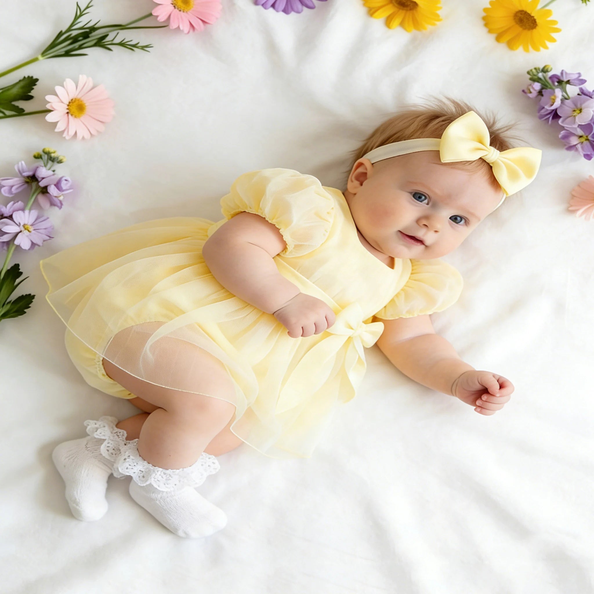 Summer New Style Newborn Sweet Puff Sleeve Tulle Dress with Headband Infant Romper Bow Princess Dress Casual Wear Shower Set-HD