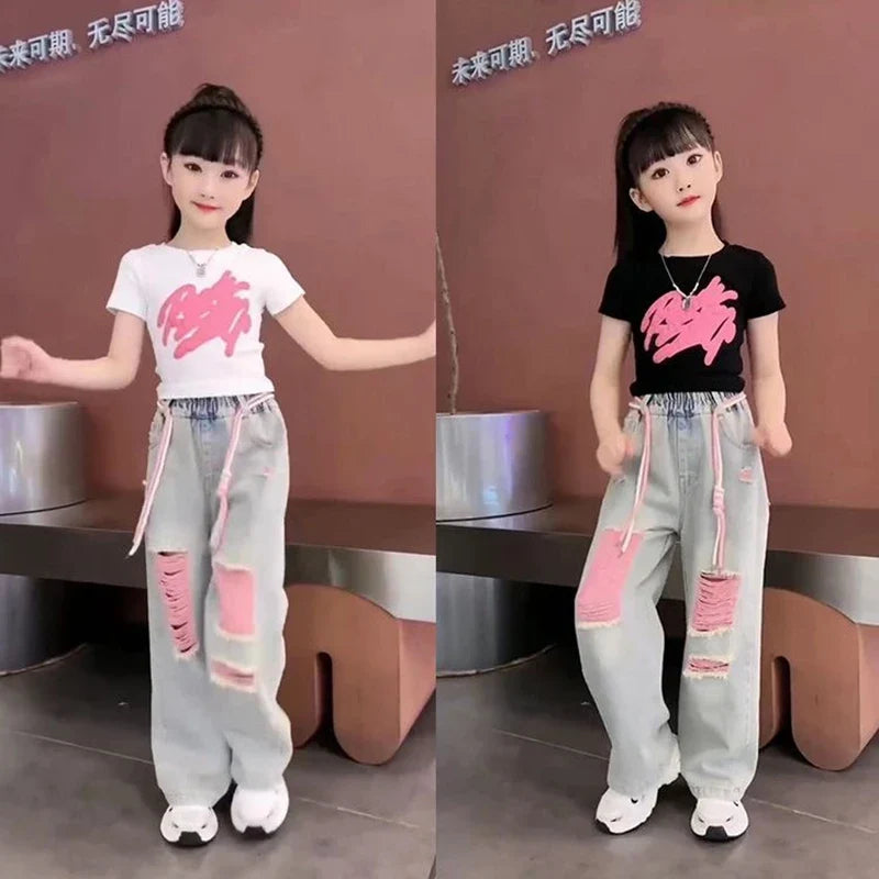 Kids Child New Jeans T-shirt 2 Pieces Clothing Set for Teen Girl High Fashion Streetwear Outfits Drawstring Pants & Tees Suit