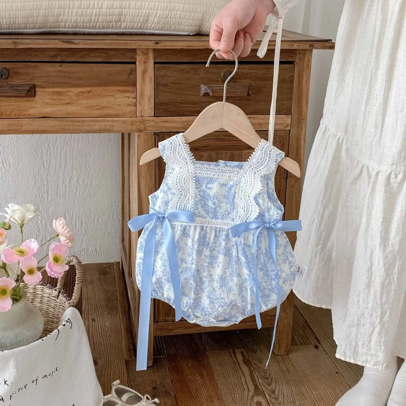 2025 New Summer Newborn Baby Girl Romper Sleeveless Cotton Printing Lace Splicing Infant Baby Girls Jumpsuit 0-24M Baby Clothes