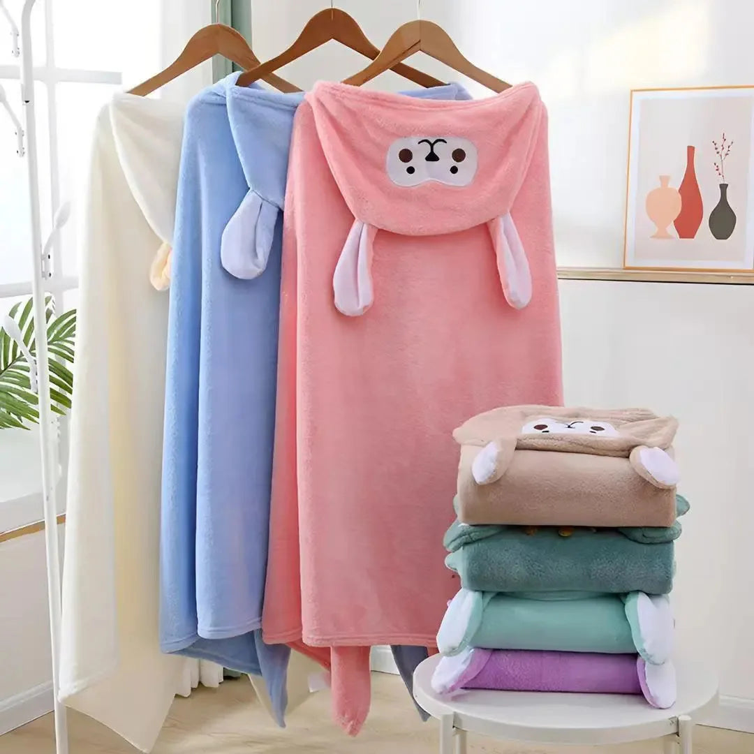 Cartoon Animal Hooded Bath Towel for Kids Coral Fleece Super Absorbent Non Shedding Bathrobe Cape for Toddler Baby