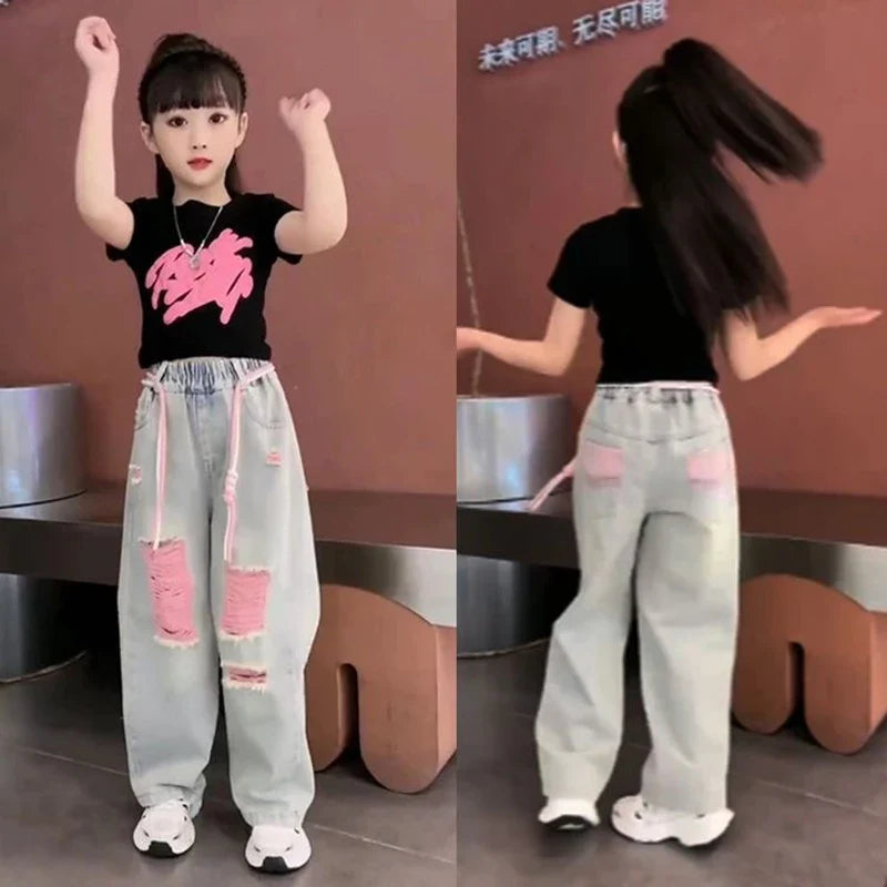 Kids Child New Jeans T-shirt 2 Pieces Clothing Set for Teen Girl High Fashion Streetwear Outfits Drawstring Pants & Tees Suit