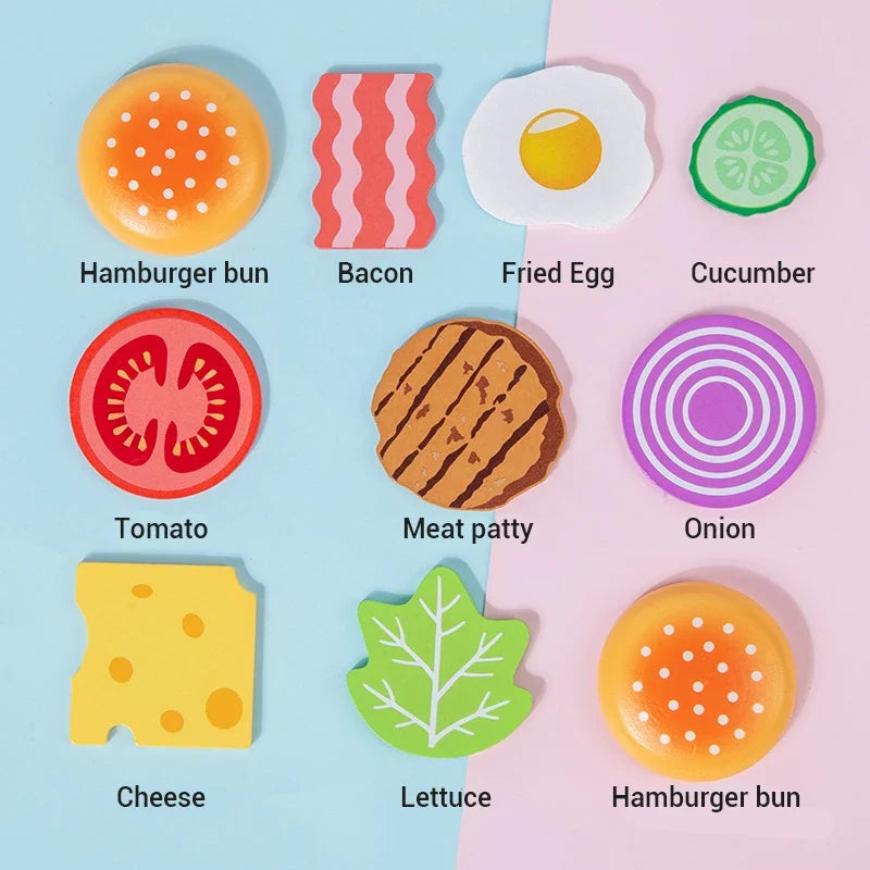 Montessori Wooden Hamburger Pretend Play Toy Educational Simulation Food Matching Stacking Game with Cards for Kids 2 Years Gift