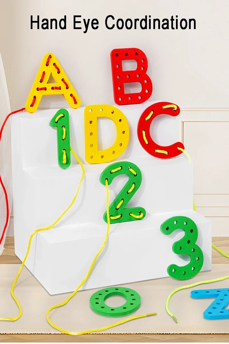 Wooden Number Letter Rope Game Early Education Cognitive Handmade Rope Letter Educational Toys Hand Eye Coordination Training