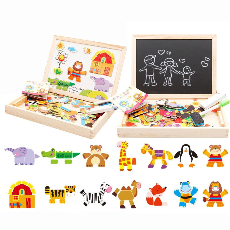 Magnetic 3D Puzzles for Kids Montessori Games Educational Toys for Children Blackboard Whiteboard Drawing Wooden Jigsaw Puzzle