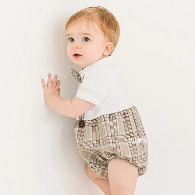 Summer Spanish Baby Boys Clothes Romper Infant Toddler Boys Girls Plaid Jumpsuit Overall Short Sleeve Newborn Rompers Outfits