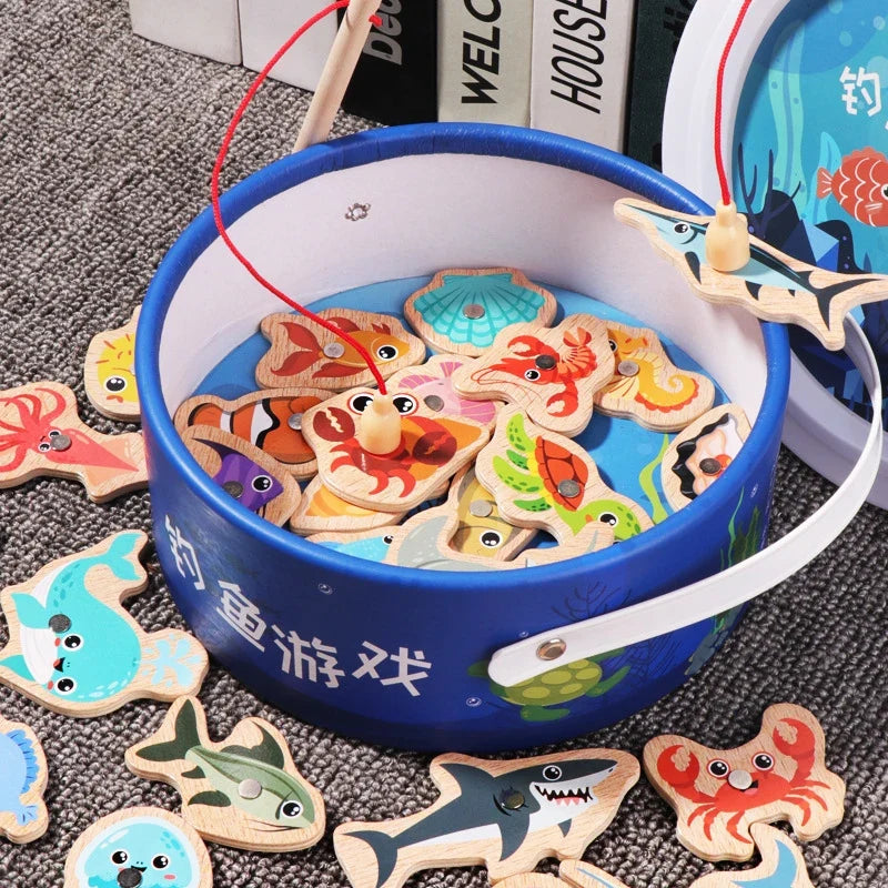 Montessori Wooden Magnetic Fishing Toys Marine Life Cognition Fish Games Early Educational Toy for Kids Parent-child Interactive