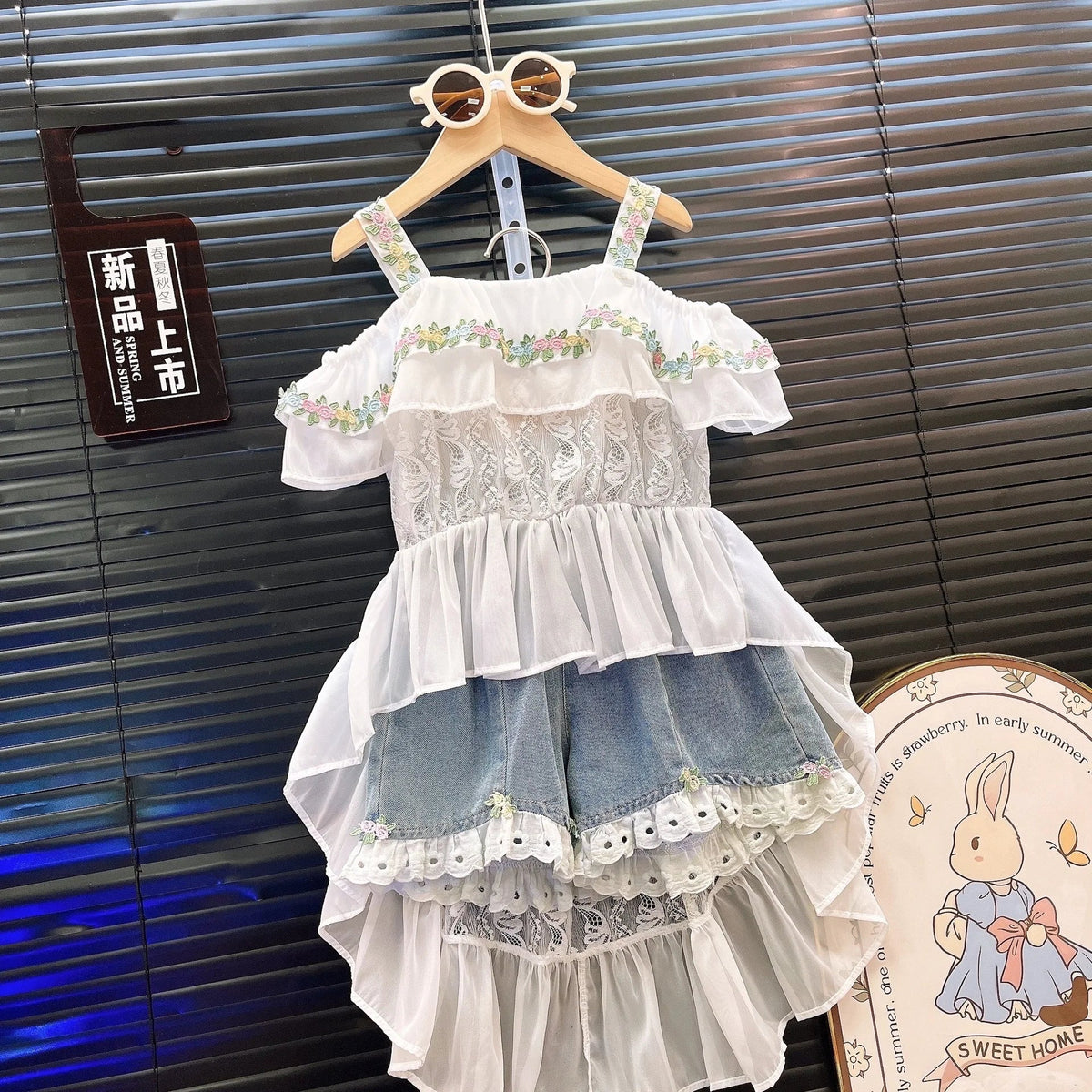 New Style Children's Strap Skirt Top Cowboy Shorts Kids Fashion Outwear Two Piece Set