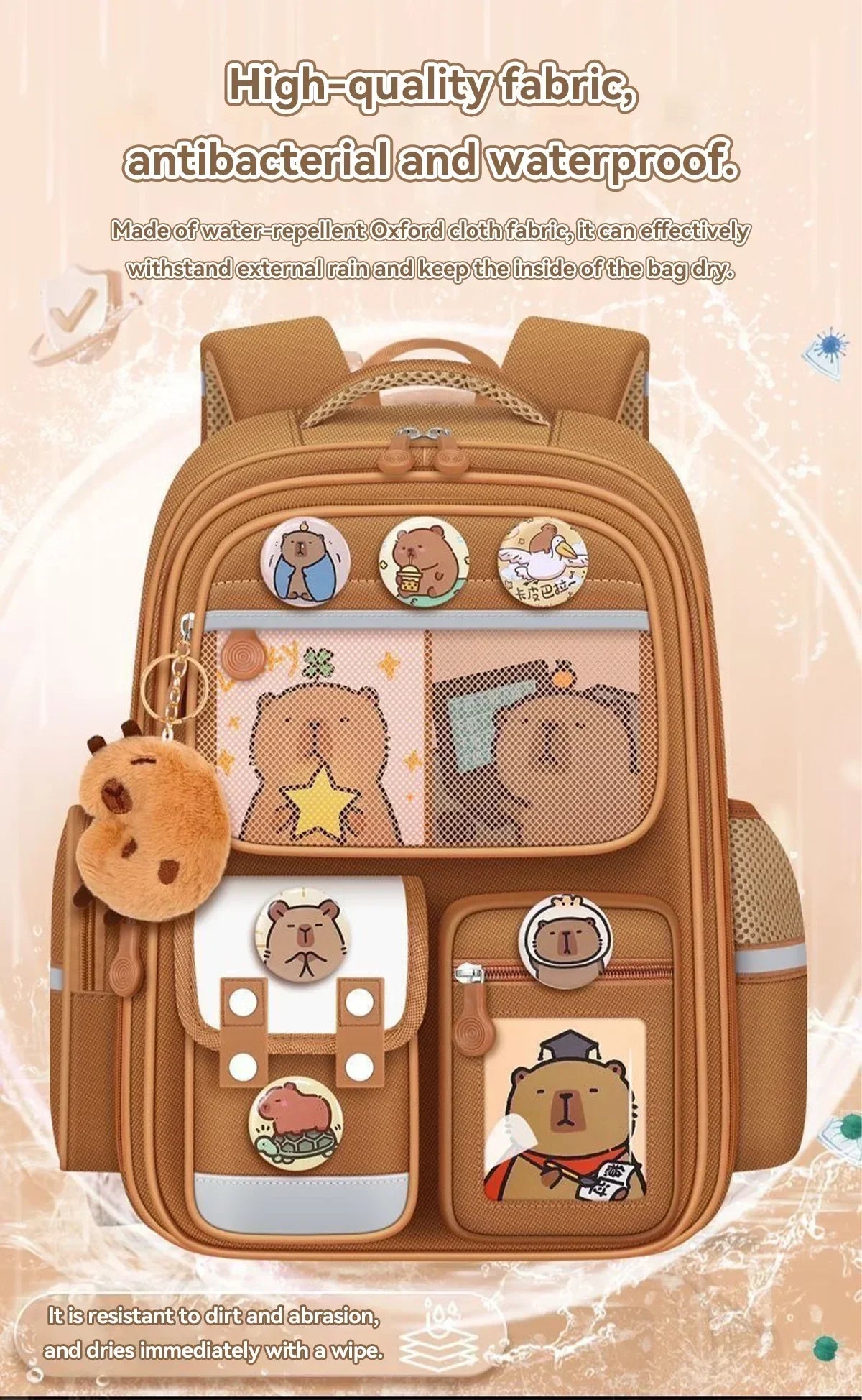Capybara School Bag Waterproof Backpack Large Capacity Alleviate Burden Protecting Spine Widen Straps Backpack for Students