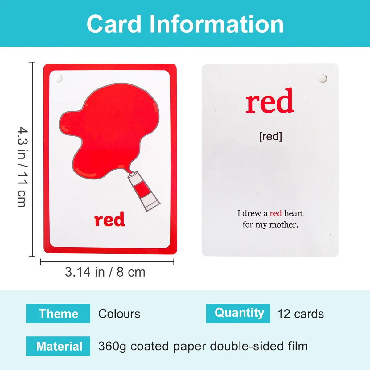 12Pcs Colours Theme English Flash Cards for Kids Baby Double Side Montessori Educational Learning Card Teaching Aids