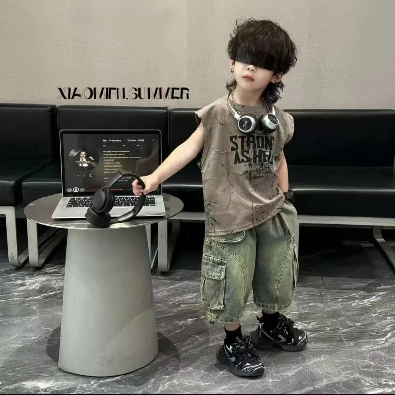 Kids Boy New Outfit Set Korean Children's Summer Clothing Denim Shorts +Thin Tie Dye Vest Sleeveless T-shirt 2-piece Set