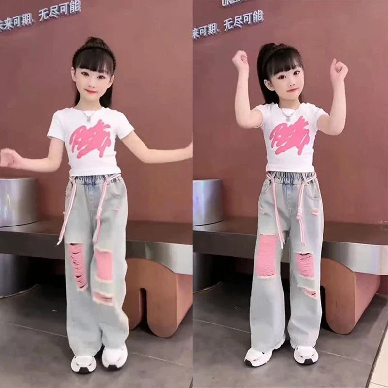 Kids Child New Jeans T-shirt 2 Pieces Clothing Set for Teen Girl High Fashion Streetwear Outfits Drawstring Pants & Tees Suit