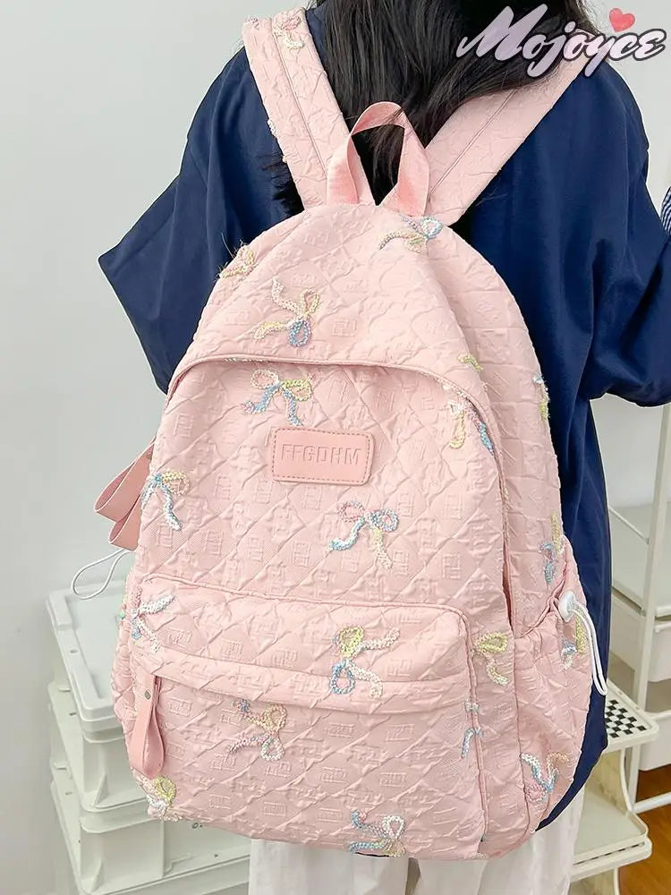 Sweet Backpacks For Girl Embroidery Bow Cute Mini Backpack INS Fashion School Backpack Kawaii Stylish Knapsack Feminina