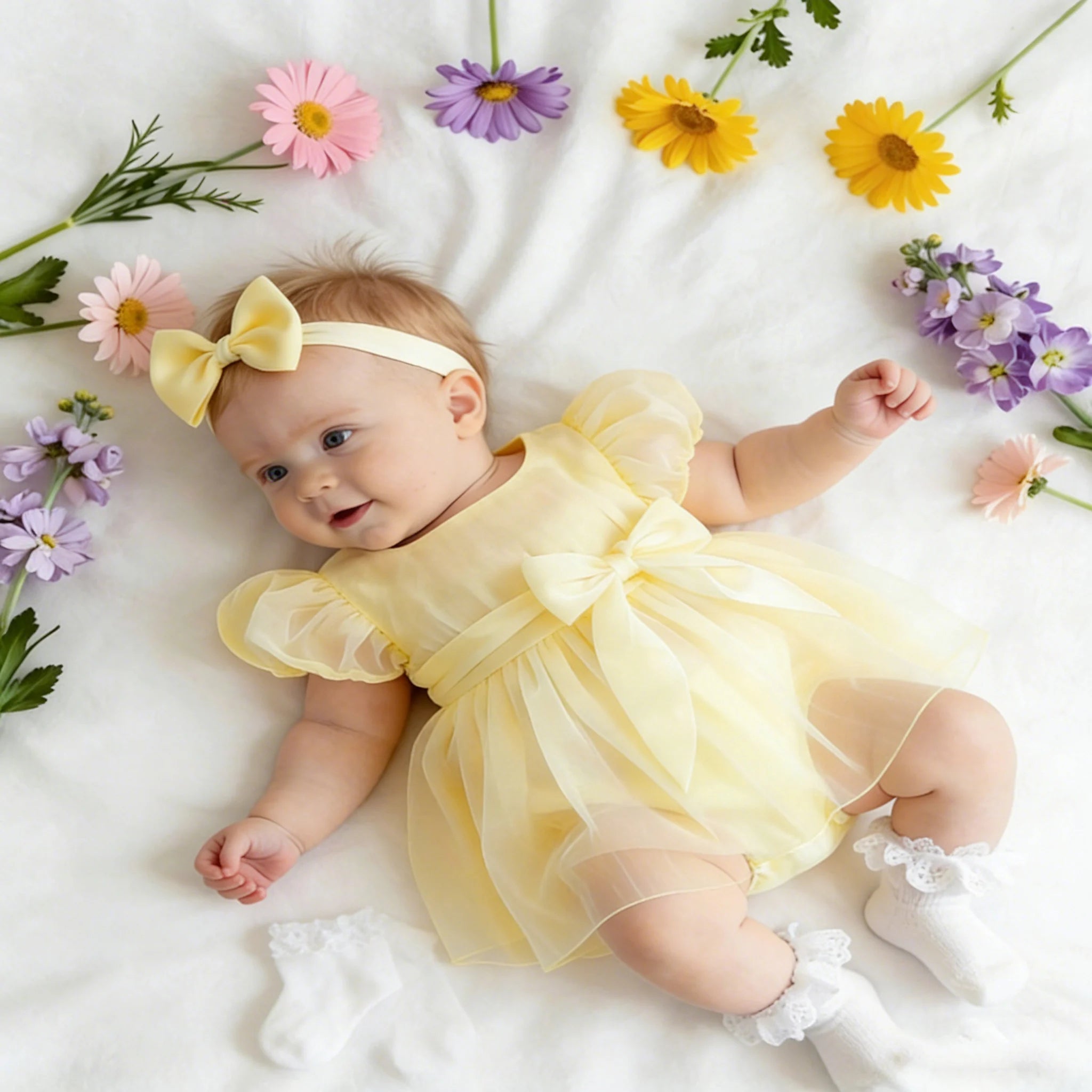 Summer New Style Newborn Sweet Puff Sleeve Tulle Dress with Headband Infant Romper Bow Princess Dress Casual Wear Shower Set-HD