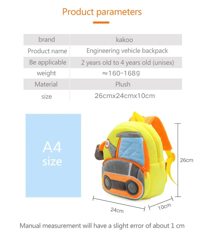 2-4 years old kids engineering backpack cartoon excavator backpack plush kids small school bag toy backpack - Baby's World