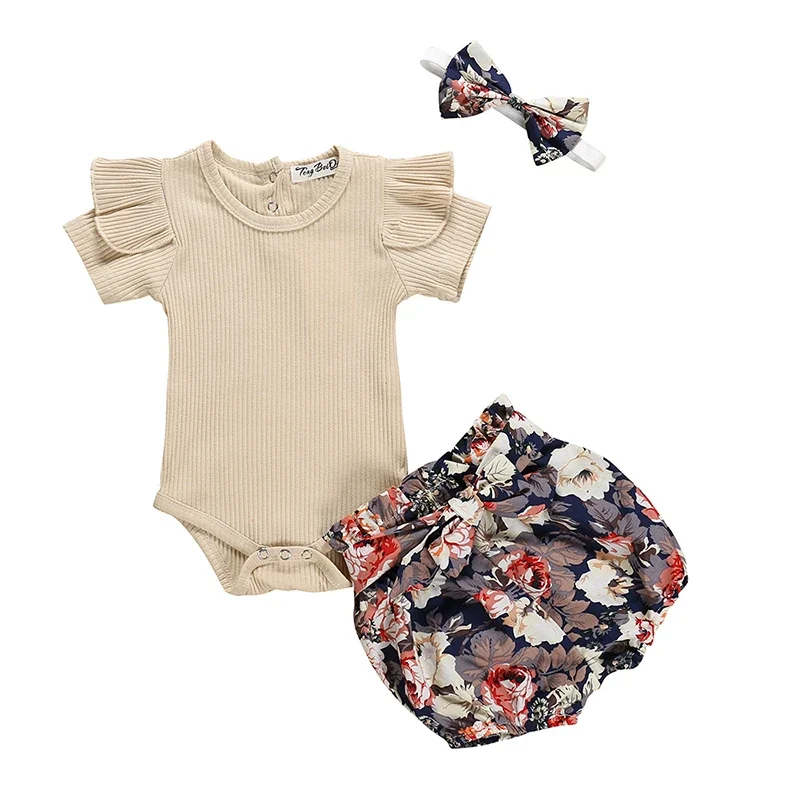 Summer Newborn Baby Girl Clothes Set Solid Color Short Sleeve Ruffle Romper Tops Flower Short Pants Headband 3Pcs Infant Outfits