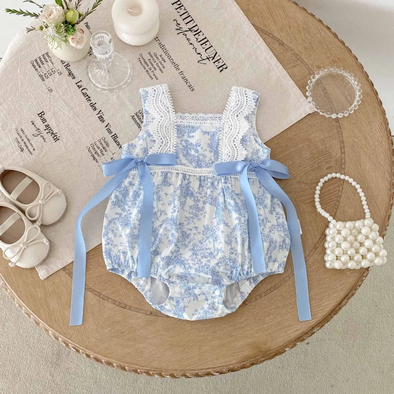 2025 New Summer Newborn Baby Girl Romper Sleeveless Cotton Printing Lace Splicing Infant Baby Girls Jumpsuit 0-24M Baby Clothes