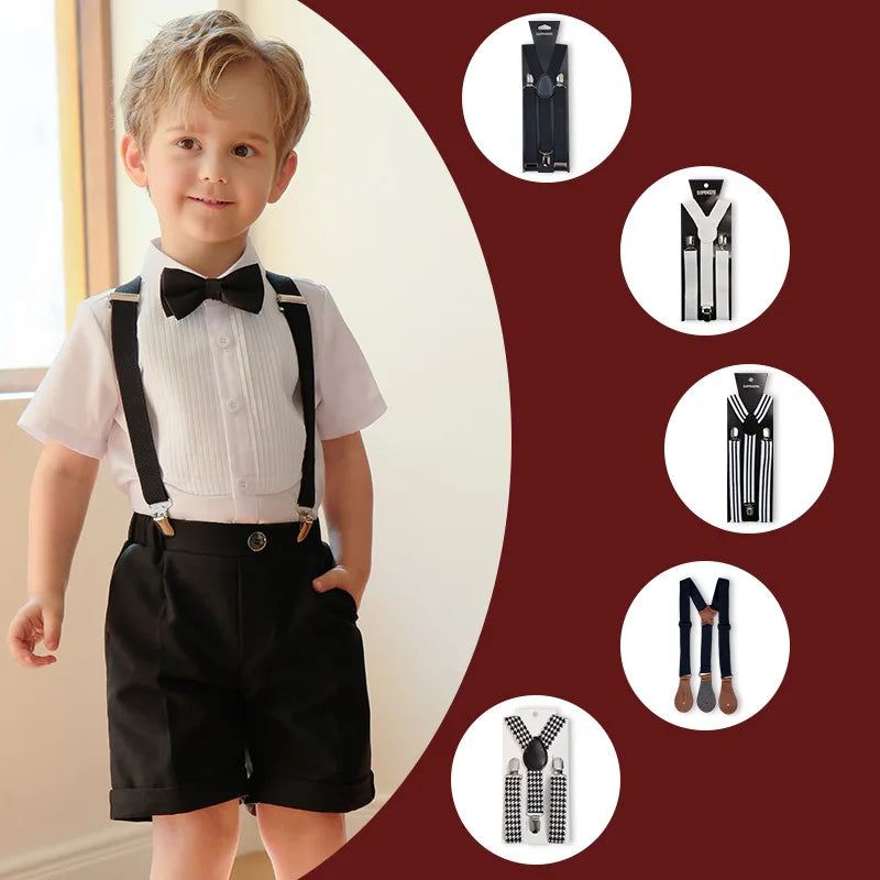 Kids Adjustable Suspenders with elastic straps, three metal clips, and adjustable buckles for boys and girls