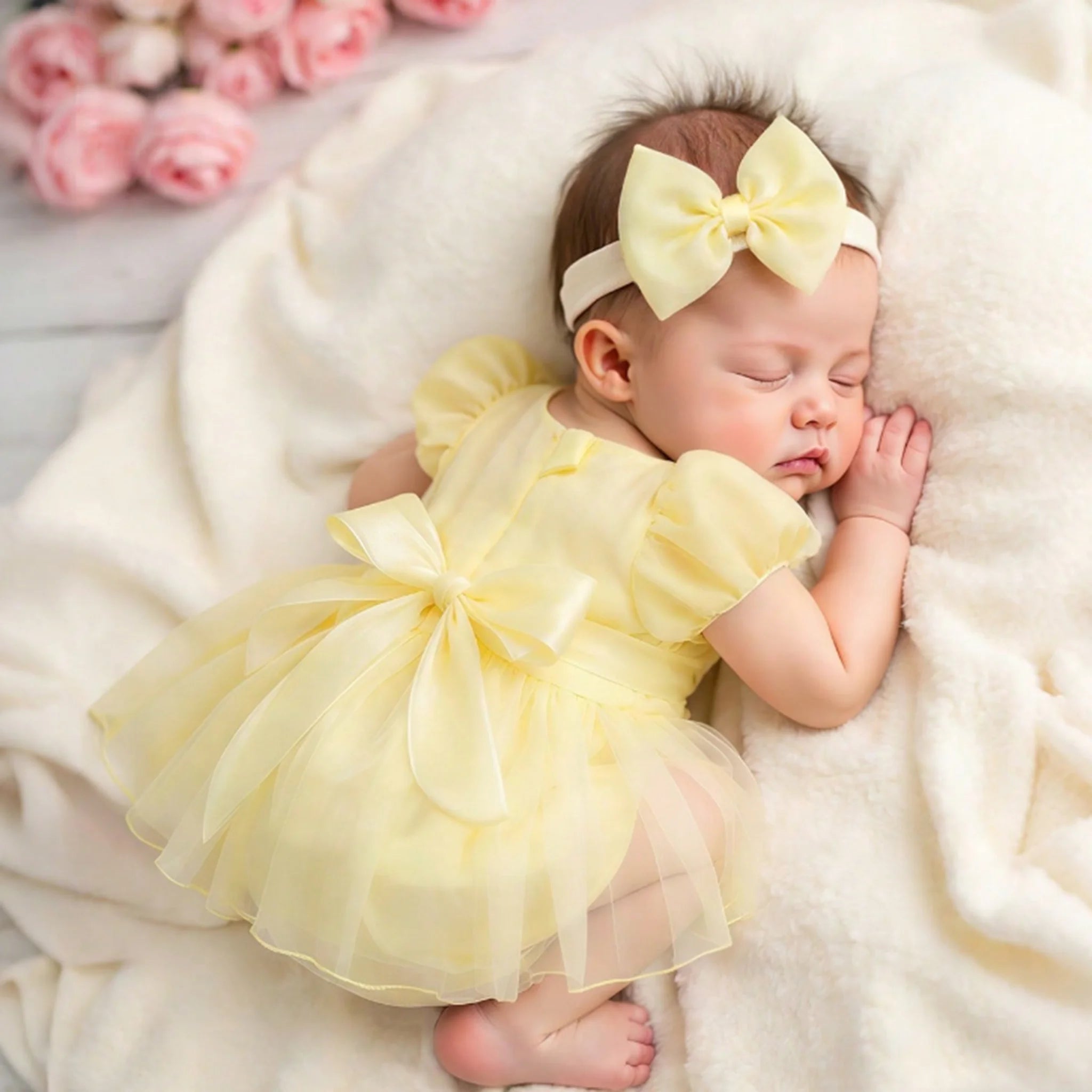 Summer New Style Newborn Sweet Puff Sleeve Tulle Dress with Headband Infant Romper Bow Princess Dress Casual Wear Shower Set-HD