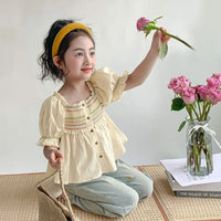 Spring Summer Kids Fashion Color Stripe Puff Sleeve Cotton Blouse Elegant Casual Top for Girl