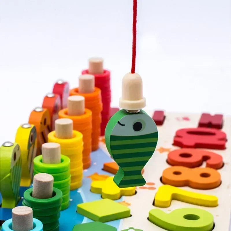 Montessori Toys Wooden Number Puzzle Sorting For Toddlers Shape Sorter Counting Fishing Game Educational Math Stacking Block