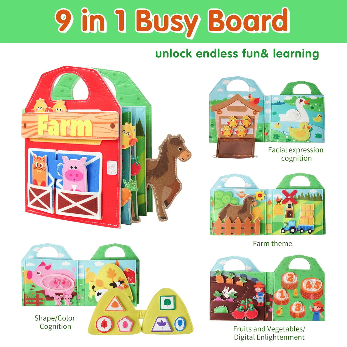 Busy Board 1 Year Old - Farm Animals Quiet Busy Book for Toddlers Aged 1-3-Montessori Toys for Boys and Girls, Learning Activiy