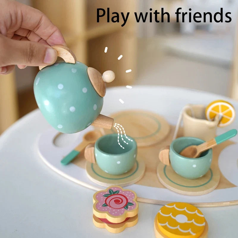 Wooden Pretend Play Kitchen Toys Coffee Machine Mixer Ice Cream Cake Toy Kids Play Food Teapot Cup Tea Set for Boys Girls Gifts