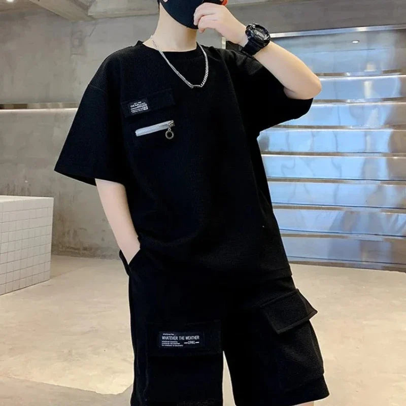 Summer Kids Boys T-Shirt+Shorts 2-Piece Set Letter Printing Children Teen Loose Comfortable Sports Casual Clothes 4-14 Years Old