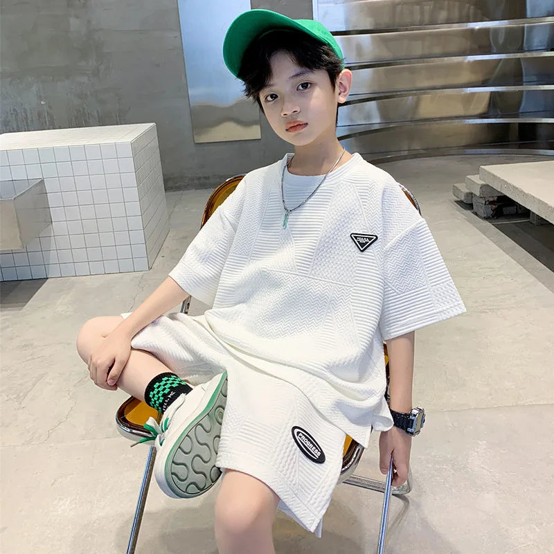 New Summer Boys Clothes Sets Teen Short Sweatshirt + Pants Children Clothing Solid Kids Boy Sport Suits 4 6 8 10 12 14 Years