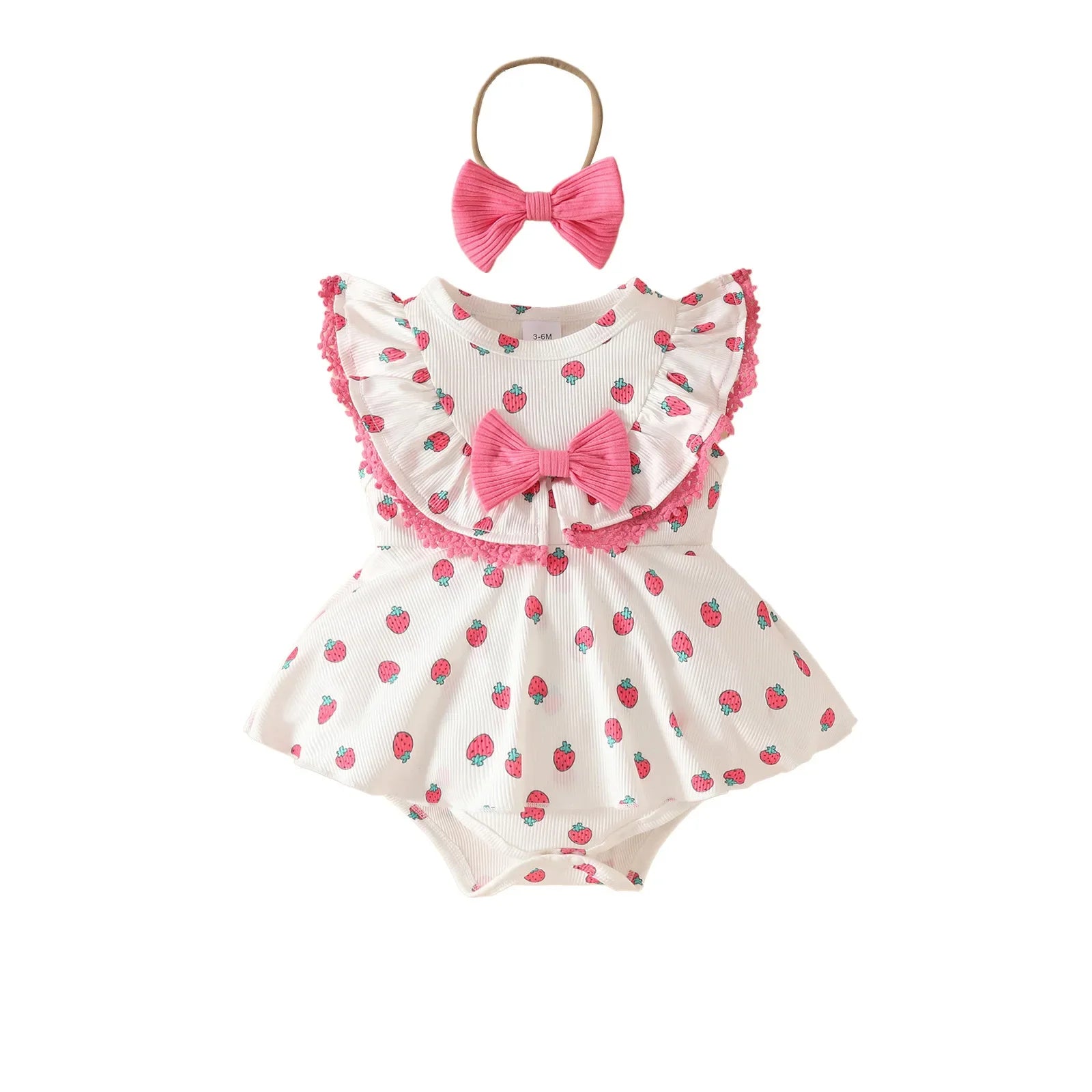 Summer Newborn Full of Strawberry Hearts, Sleeveless Ruffled Triangle Hem, Dress, Headband, Sweet Jumpsuit
