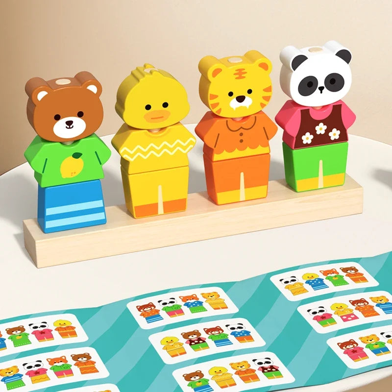 Wooden Children's Animal Changing Clothes Column Pattern Matching Color Recognition Fine Motor Training Game Educational Toys