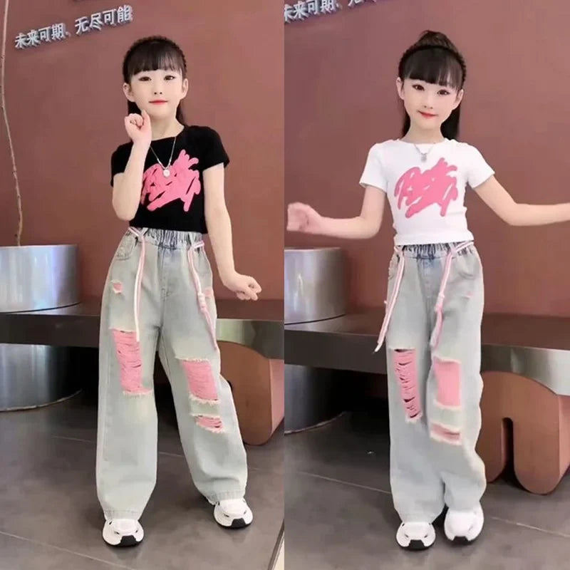 Kids Child New Jeans T-shirt 2 Pieces Clothing Set for Teen Girl High Fashion Streetwear Outfits Drawstring Pants & Tees Suit
