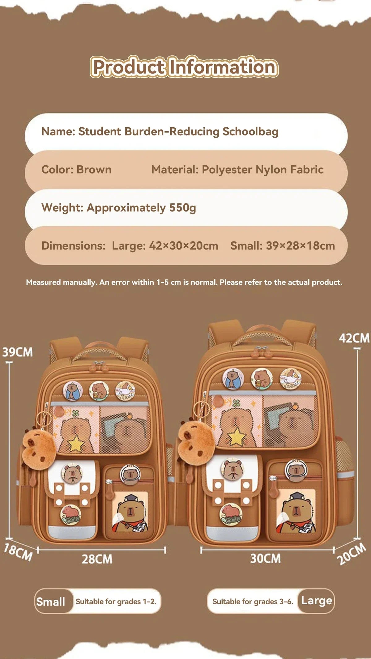 Capybara School Bag Waterproof Backpack Large Capacity Alleviate Burden Protecting Spine Widen Straps Backpack for Students