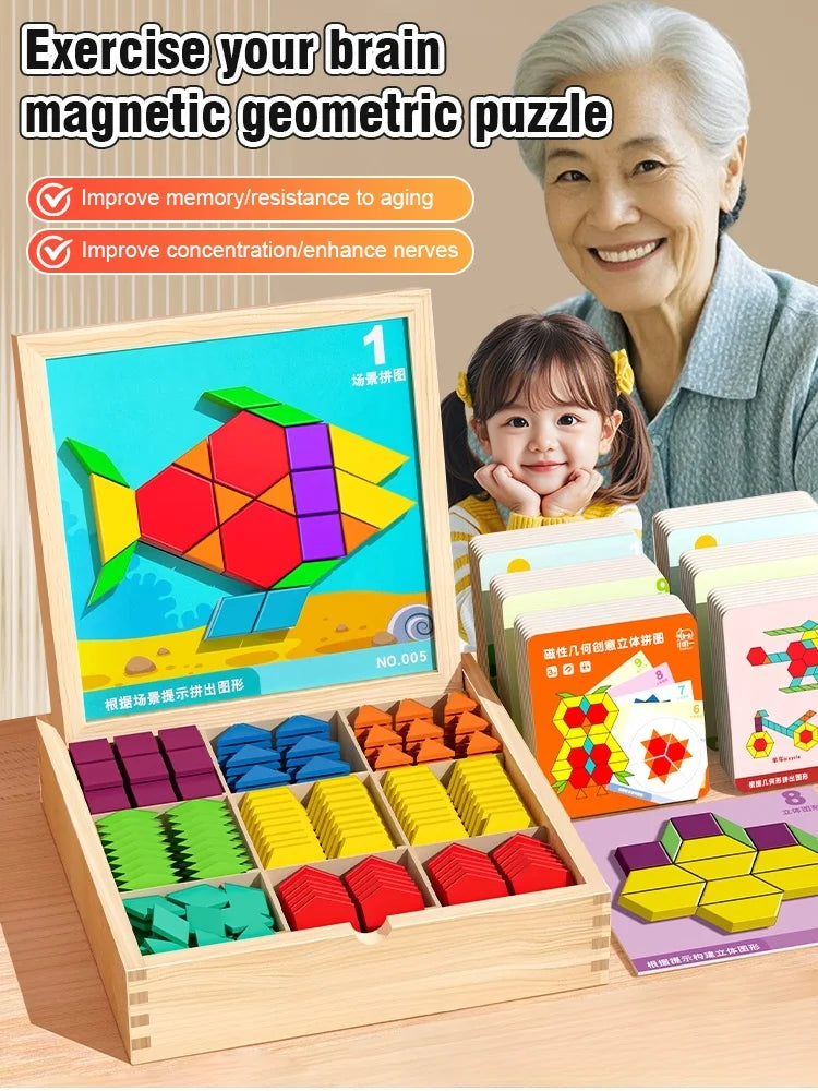 Magnetic Building Blocks Wooden Geometric Puzzle Exercise for Brain Intelligence Development Geometric Thinking Training for 2-8