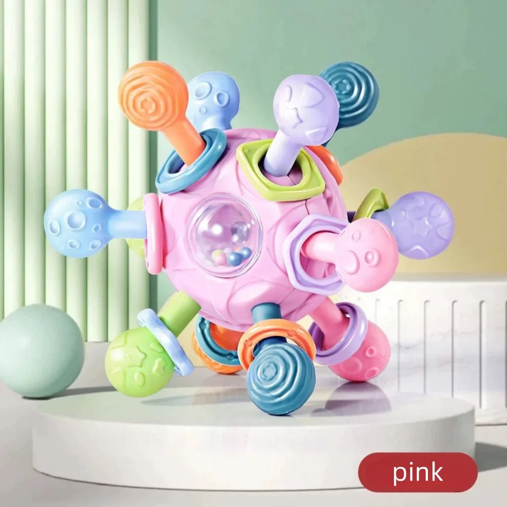 Baby Manhattan Grasping Ball - 3-in-1 Teether, Rattle, and Soft Rubber Grasping Toy for Early Education and Teething Relief