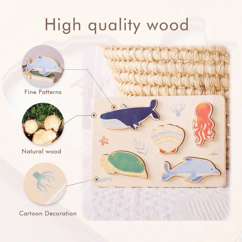 Wooden Puzzle Montessori Toys Baby Cartoon Ocean Animal Colorful Learning Education Block Toys Tangram Jigzaw Cognitive Kid Gift