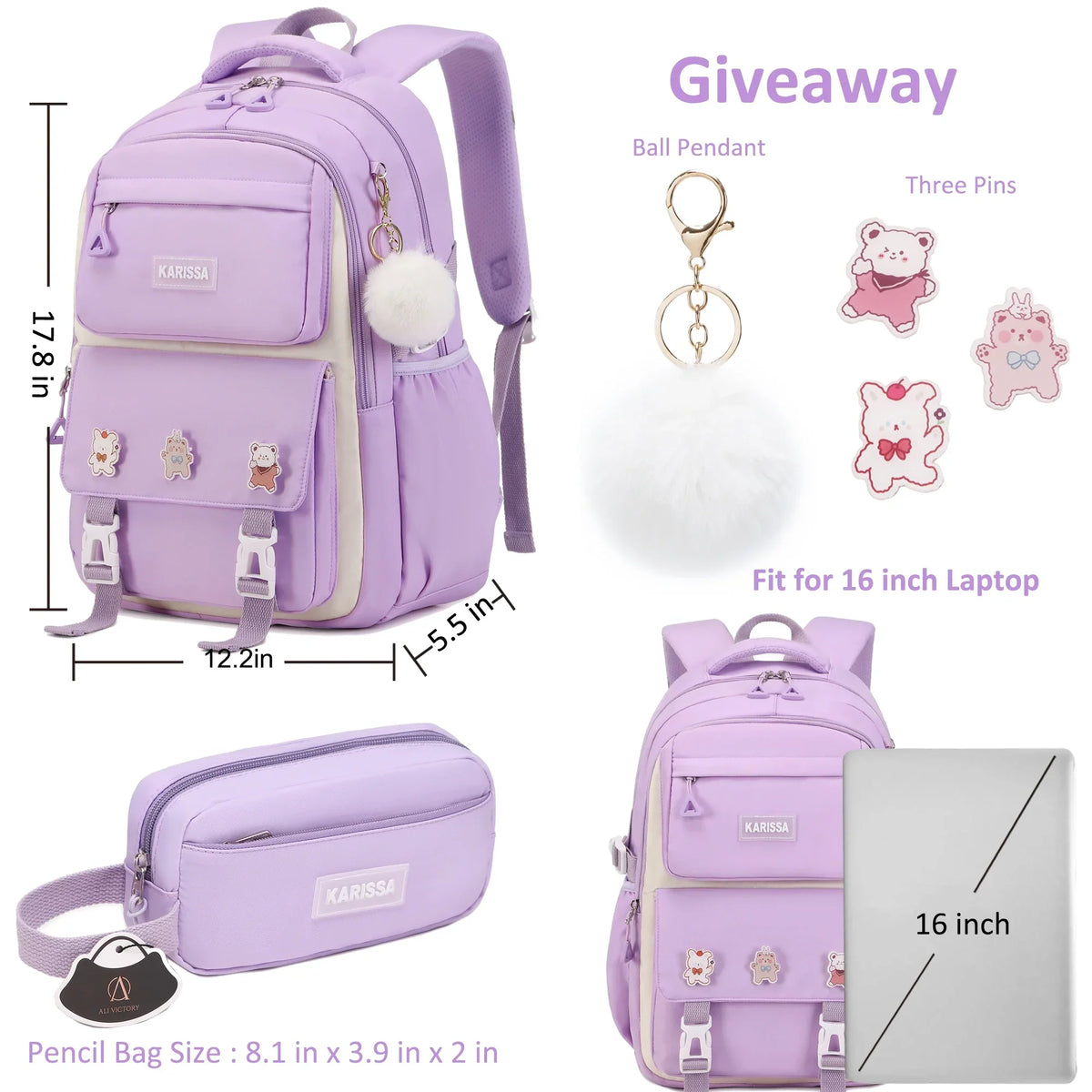 Backpack for Women Girls Set with Pencil Case 15.6 Inch Laptop School Bag Kids Elementary College Backpacks - Baby's World