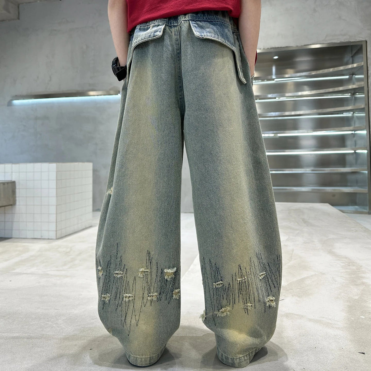 Korean Boy Luxury Hip Hop y2k Baggy Ripped Jeans Kids High Street Fashion Hiphop Rap Dance Denim Pants Child Performance Trouser