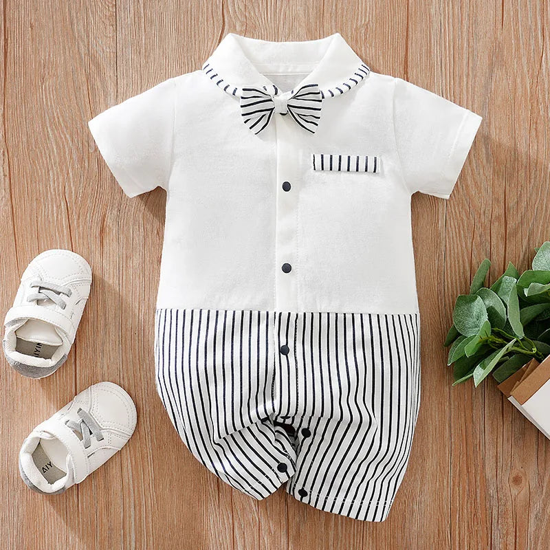 Newborn Baby Boy Summer short sleeve clothing 0-12 months one-piece white cotton comfort gentleman bow tie fashion straps romper