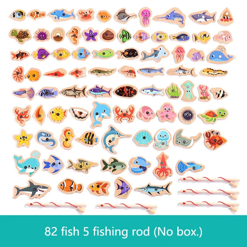 Montessori Wooden Magnetic Fishing Toys Marine Life Cognition Fish Games Early Educational Toy for Kids Parent-child Interactive