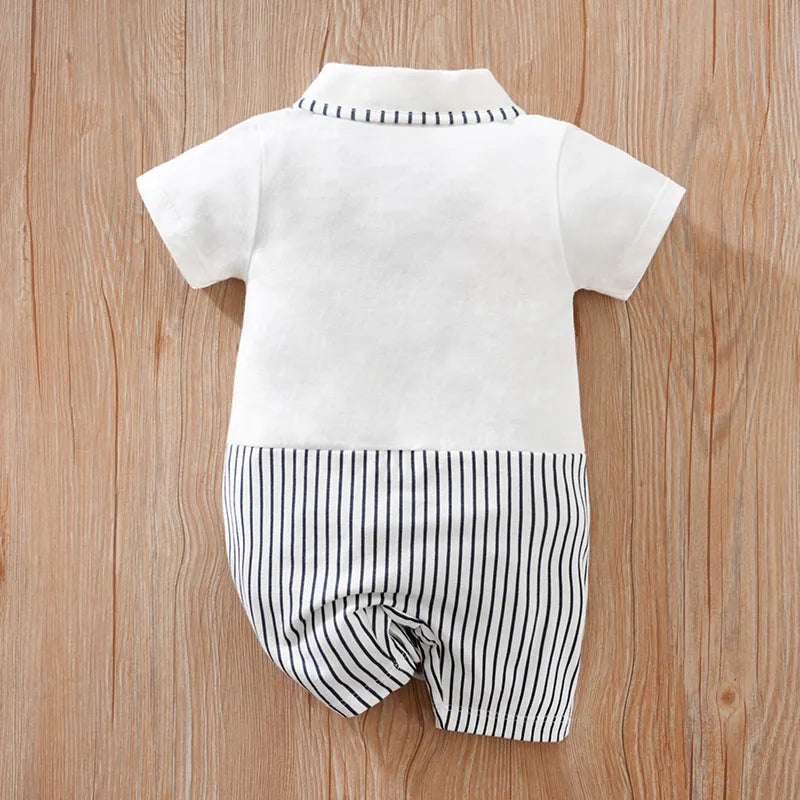 Newborn Baby Boy Summer short sleeve clothing 0-12 months one-piece white cotton comfort gentleman bow tie fashion straps romper