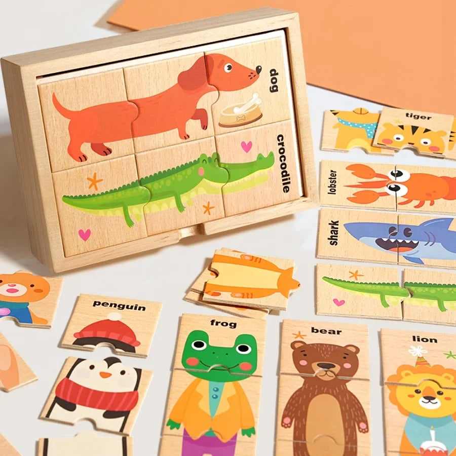 Children's puzzle cartoon animal shape matching puzzle, baby early education English word cognition puzzle board, wooden toy