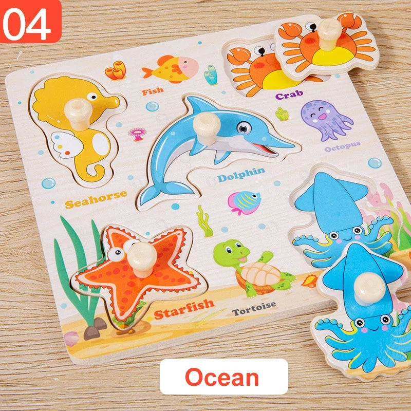 Wooden Puzzle Montessori Toys for Kids Cartoon Animal Traffic Hand Grab Boards Early Learning Educational Toys for Children