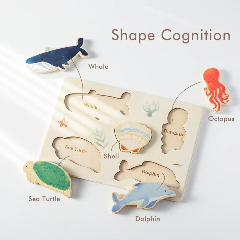 Wooden Puzzle Montessori Toys Baby Cartoon Ocean Animal Colorful Learning Education Block Toys Tangram Jigzaw Cognitive Kid Gift